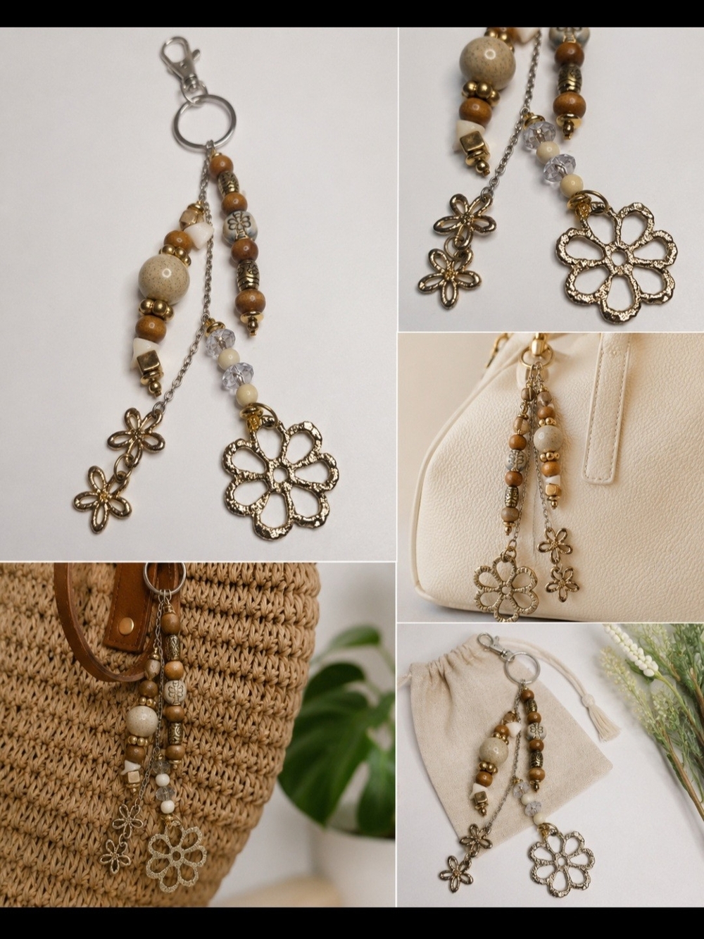 Beaded Flower Charm Keychain/ Bag Charm- Neutral Tan & Gold